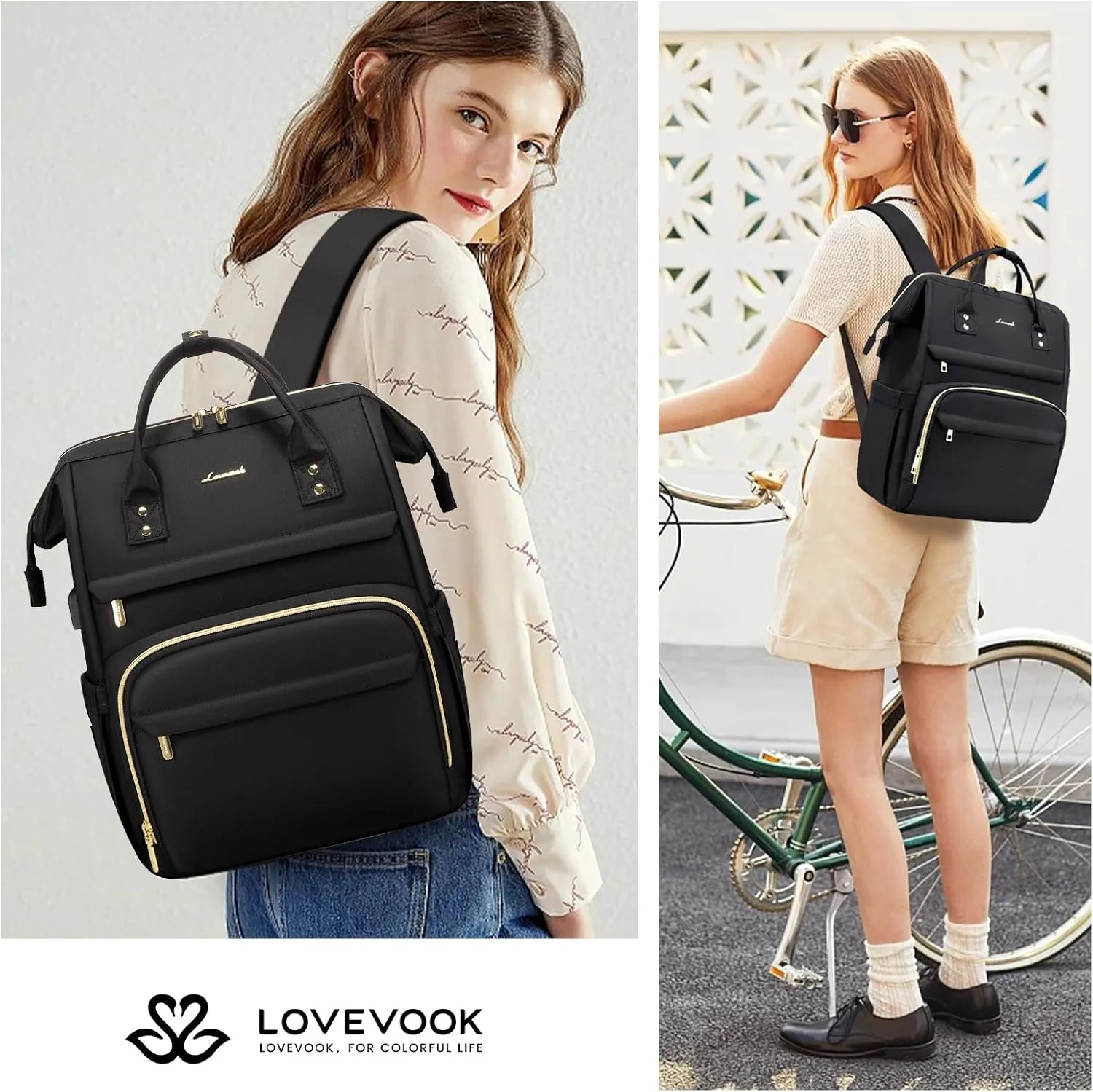 LOVEVOOK Laptop Backpack,15.6 Inch Professional Womens Purse Computer Bag Nurse Teacher Backpack,Waterproof College Work Bags Carry on Travel Back Pack with USB Port,Black