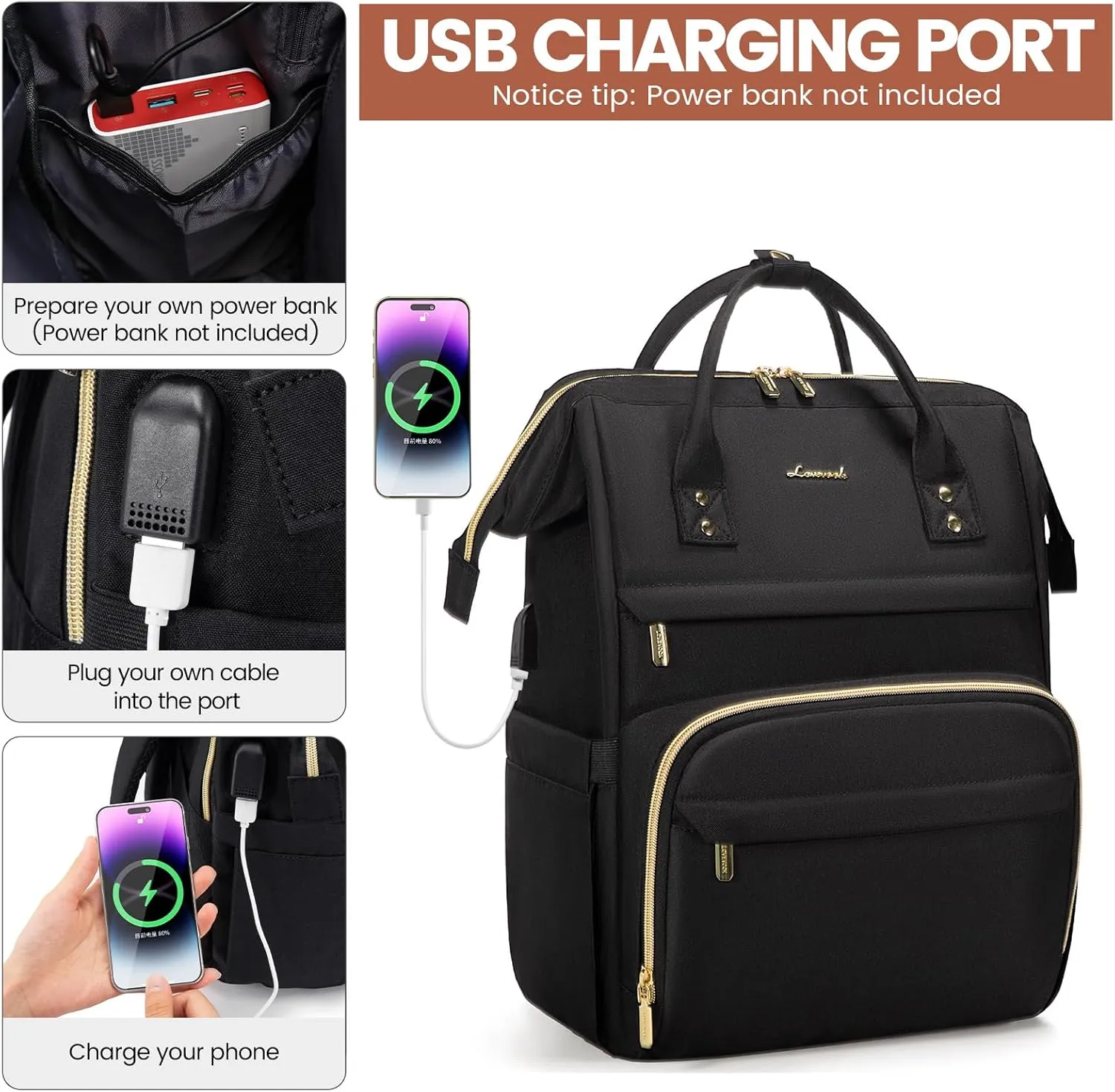 LOVEVOOK Laptop Backpack,15.6 Inch Professional Womens Purse Computer Bag Nurse Teacher Backpack,Waterproof College Work Bags Carry on Travel Back Pack with USB Port,Black