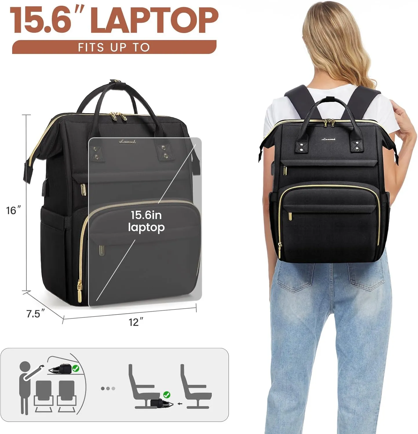LOVEVOOK Laptop Backpack,15.6 Inch Professional Womens Purse Computer Bag Nurse Teacher Backpack,Waterproof College Work Bags Carry on Travel Back Pack with USB Port,Black