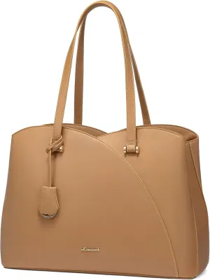 LOVEVOOK Laptop Tote Bag for Women, Work Bags Laptop Bag Teacher Tote Bag, Professional Leather Computer Bag Large Purses Handbag, Beige, Fits 15.6 Inch Laptop