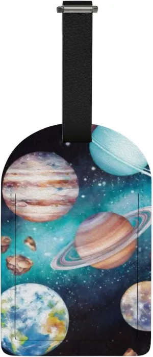 Luggage Tags for Suitcase Watercolor Solar System Planets Meteorites Travel Bag Baggage PU Leather Name ID Labels with Privacy Cover Carry-On Label for Women Men Backpacks Keys Decor 2pcs