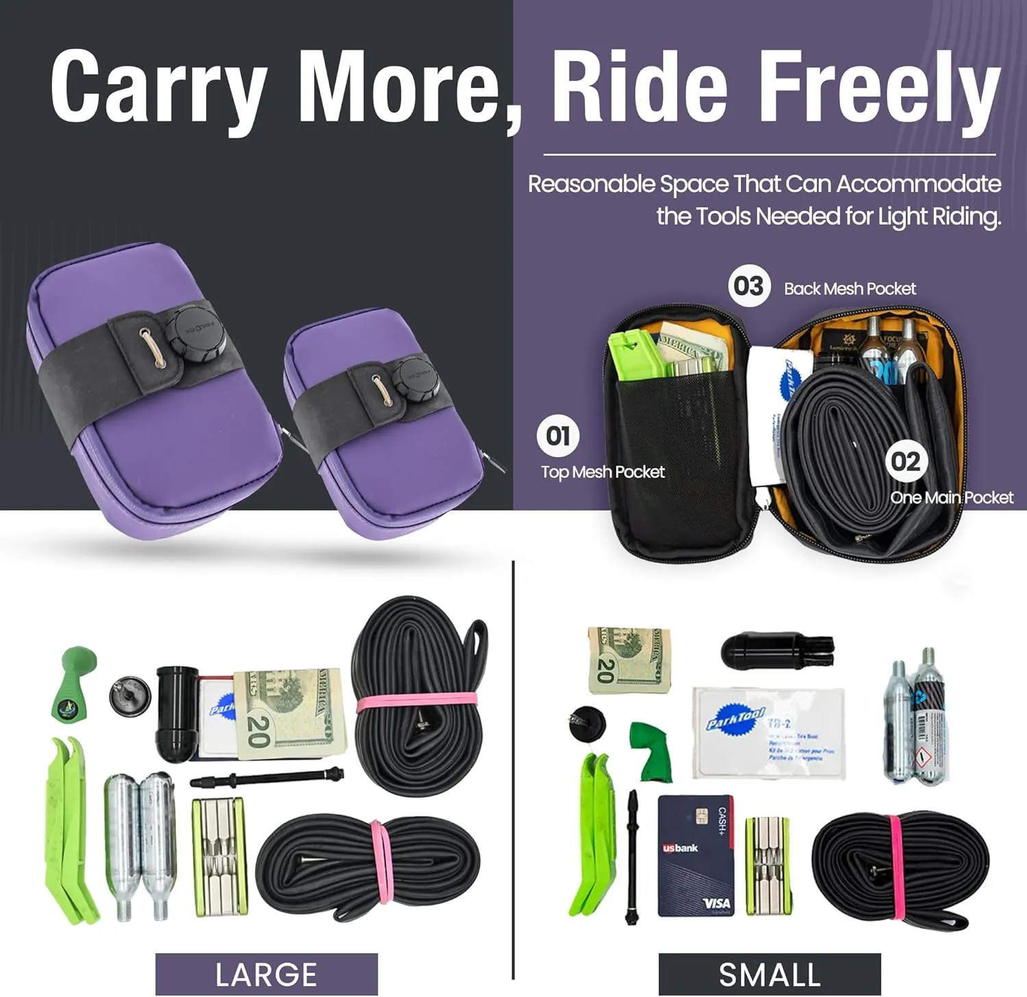 Lumiere & Co. Bike Seat Bag, Road Bike Bag, Small Bike Seat bags, Cycling Seat bag, Bike Under Seat Bag, Seat Bicycle bag, Bike Bag Under seat, Cycling Saddle Bag (Purple, Small)