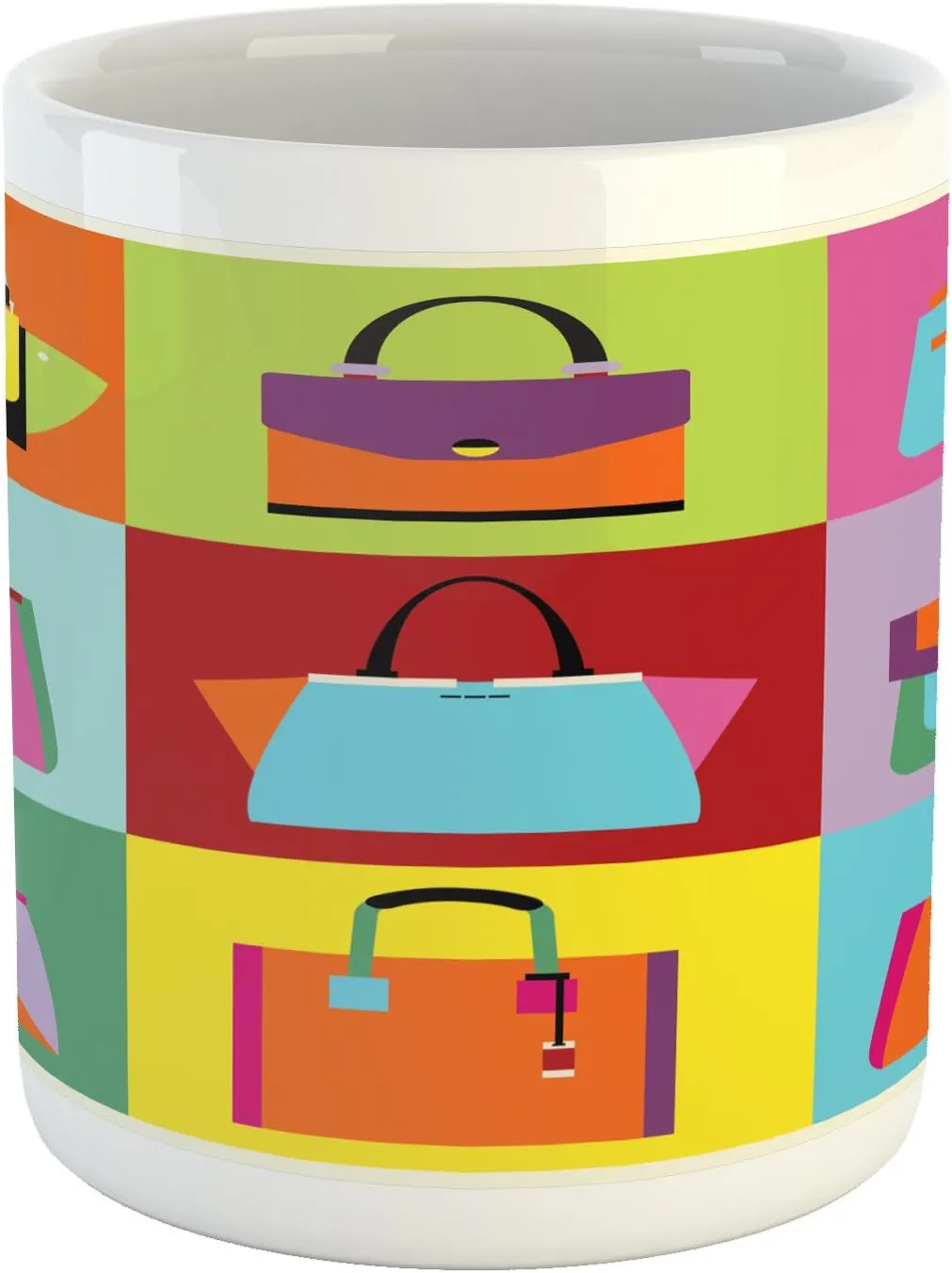 Lunarable Fashion Mug, Pop Art Style Flat Design Woman Handbag and Purse Composition with Colorful Tiles, Printed Ceramic Coffee Mug Water Tea Drinks Cup, Multicolor