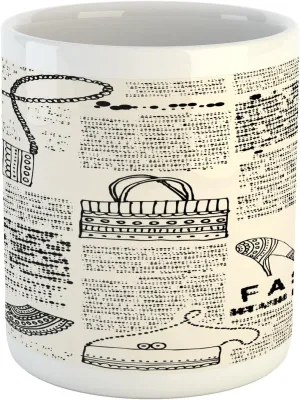 Lunarable Old Newspaper Mug, Vintage Fashion Themed Shoes Handbag Purses with Ornate Details Retro, Printed Ceramic Coffee Mug Water Tea Drinks Cup, Black Cream