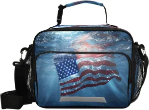 Lunch Bag for Women Men America Flag Seawater Reusable Tote Bag Cooler Bag Insulated Lunch Box with Adjustable Shoulder Strap Portable Handbag