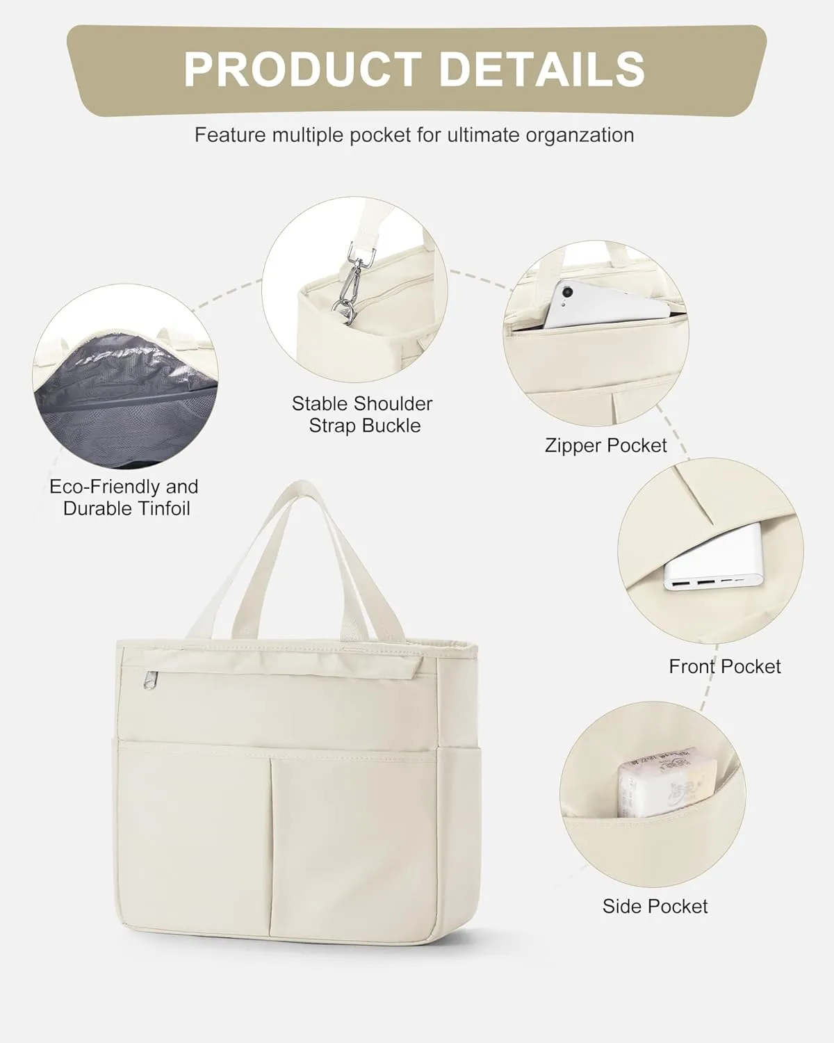 Lunch Tote Bag with Shoulder Strap Large Insulated Lunch Bag Women Adult Lunch Box Lunch Bags for Women Men Lunch Boxes with Water Bottle Holder Beige