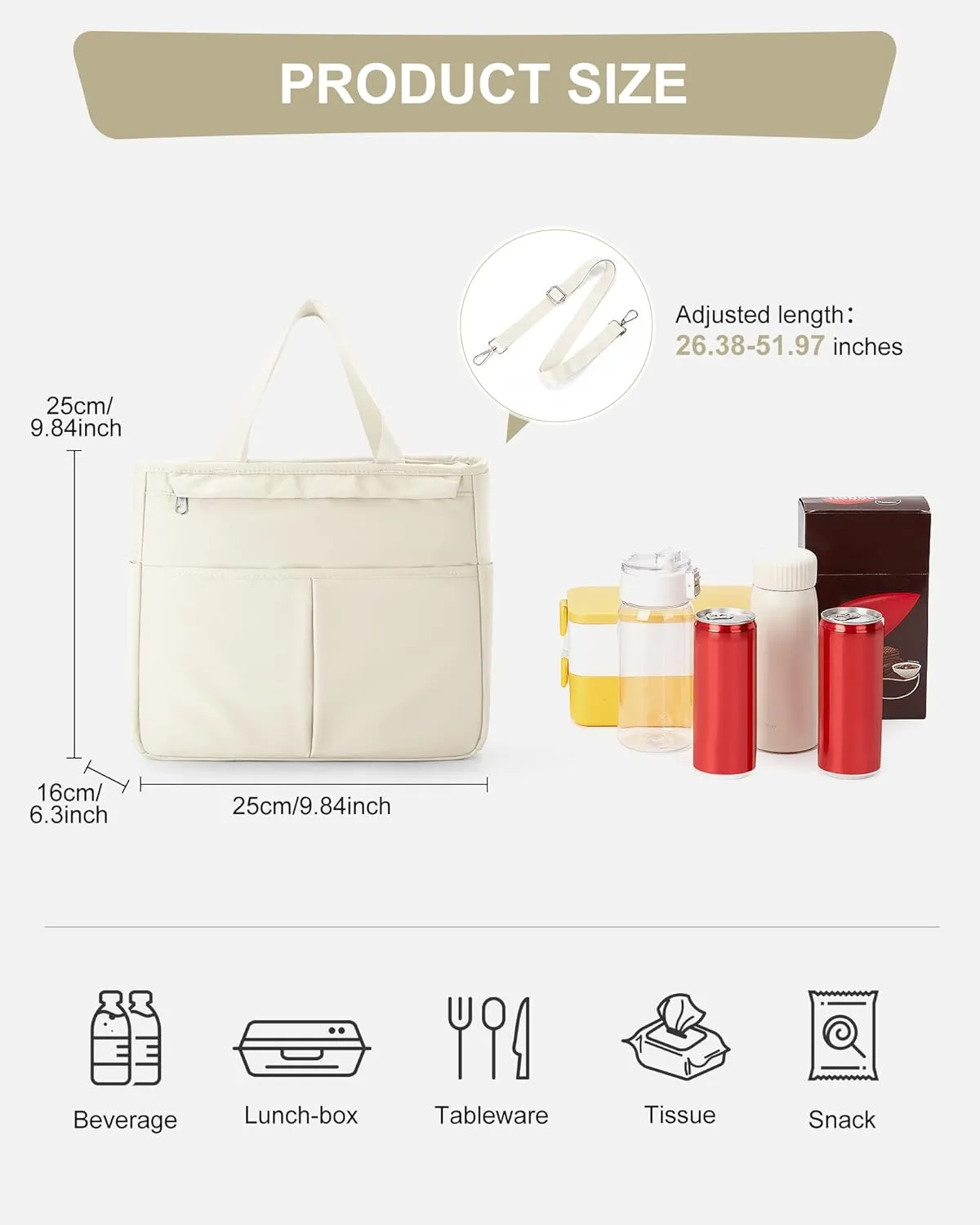 Lunch Tote Bag with Shoulder Strap Large Insulated Lunch Bag Women Adult Lunch Box Lunch Bags for Women Men Lunch Boxes with Water Bottle Holder Beige