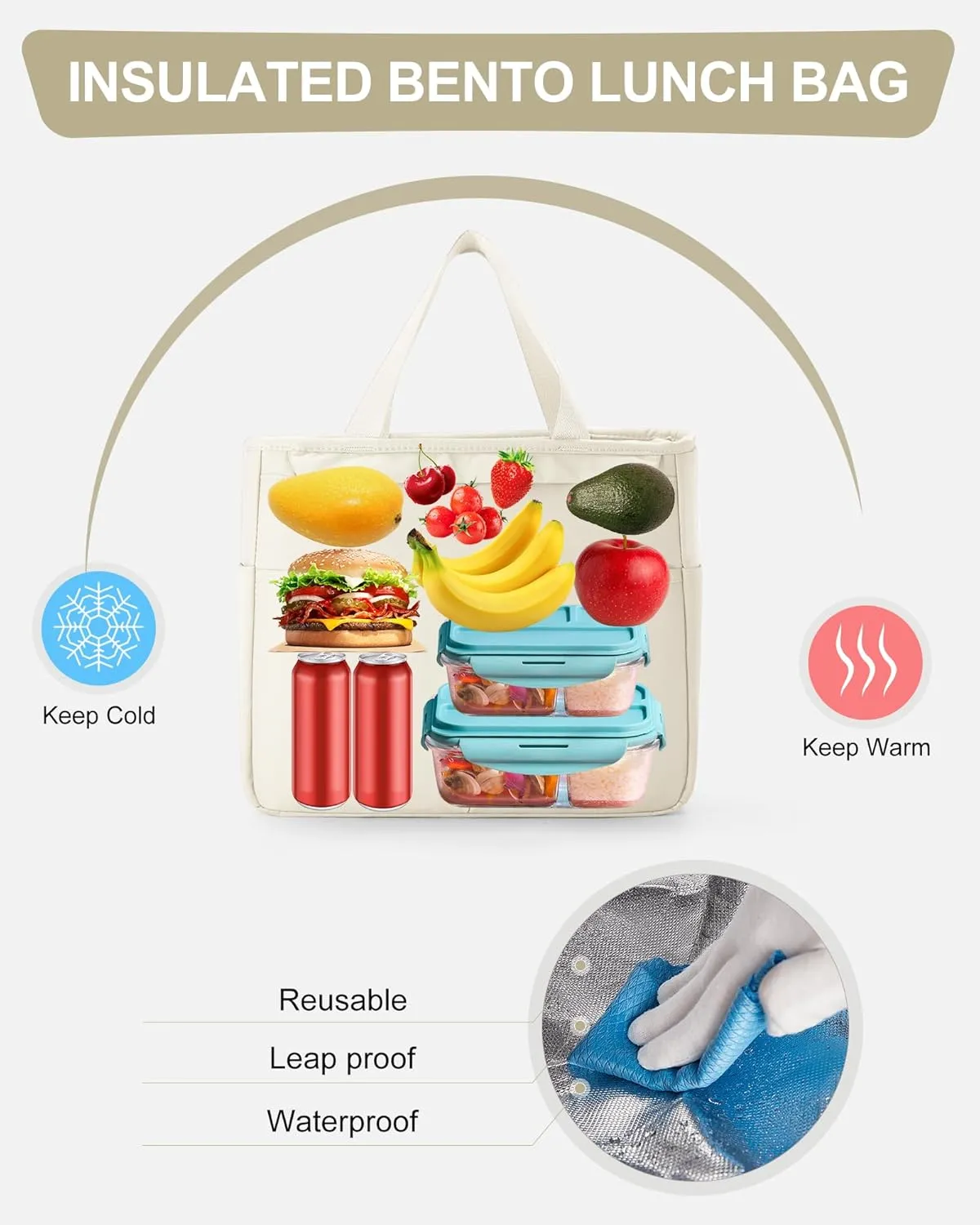Lunch Tote Bag with Shoulder Strap Large Insulated Lunch Bag Women Adult Lunch Box Lunch Bags for Women Men Lunch Boxes with Water Bottle Holder Beige