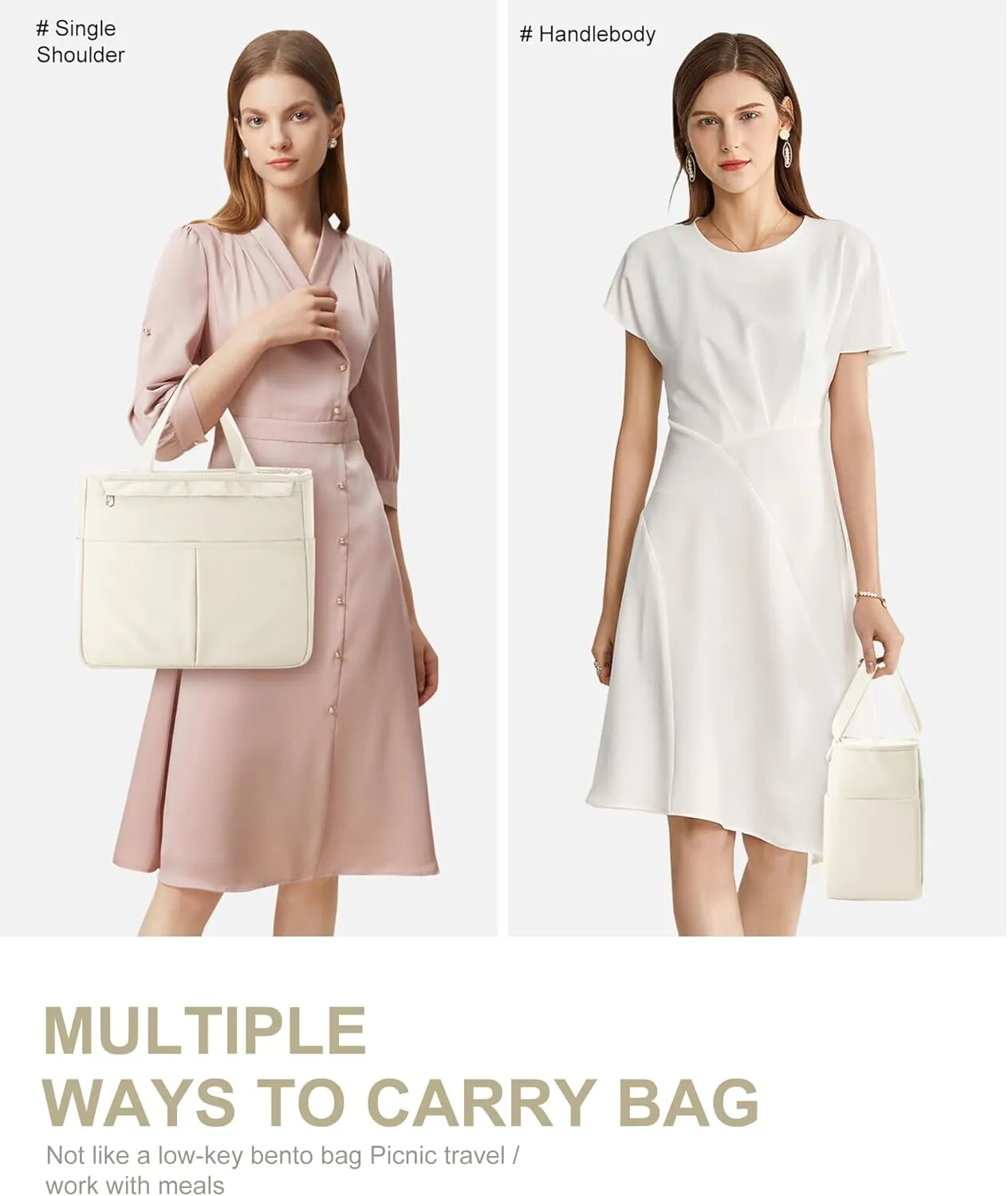 Lunch Tote Bag with Shoulder Strap Large Insulated Lunch Bag Women Adult Lunch Box Lunch Bags for Women Men Lunch Boxes with Water Bottle Holder Beige