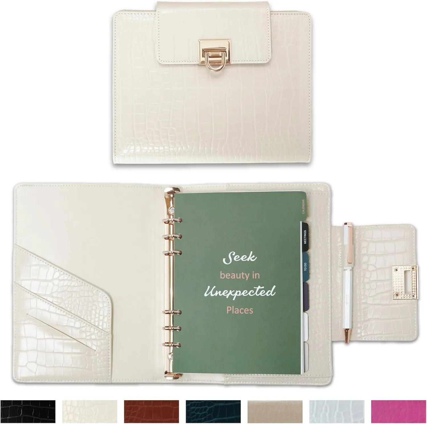 Luxury 5.8" x 8.3" Crocodile-Textured Leather A5 Undated Planner Cover with 80 Sheets, Dividers, Metal Ballpoint Pen, Refillable 6-Ring Journal, Birthday and Mother's Day Gift