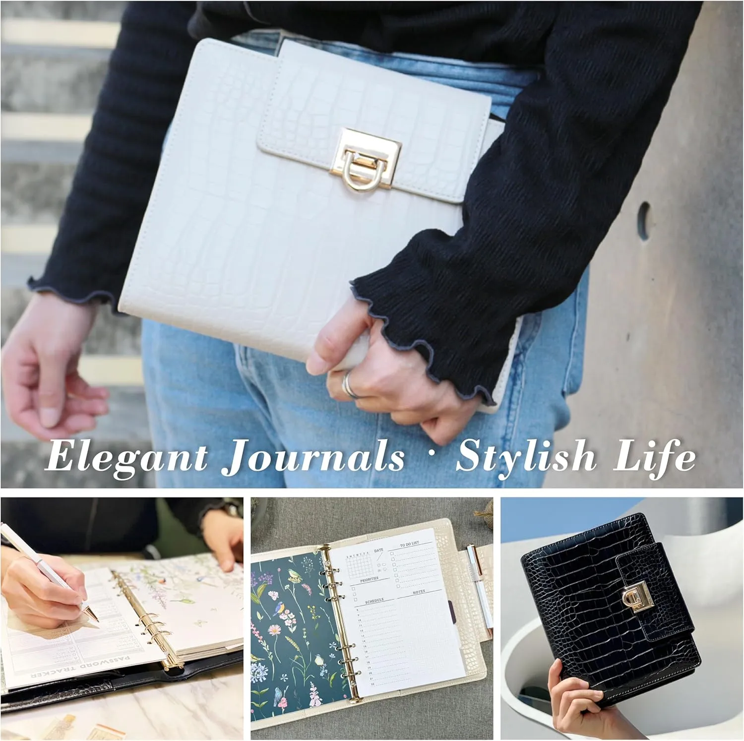 Luxury 5.8" x 8.3" Crocodile-Textured Leather A5 Undated Planner Cover with 80 Sheets, Dividers, Metal Ballpoint Pen, Refillable 6-Ring Journal, Birthday and Mother's Day Gift