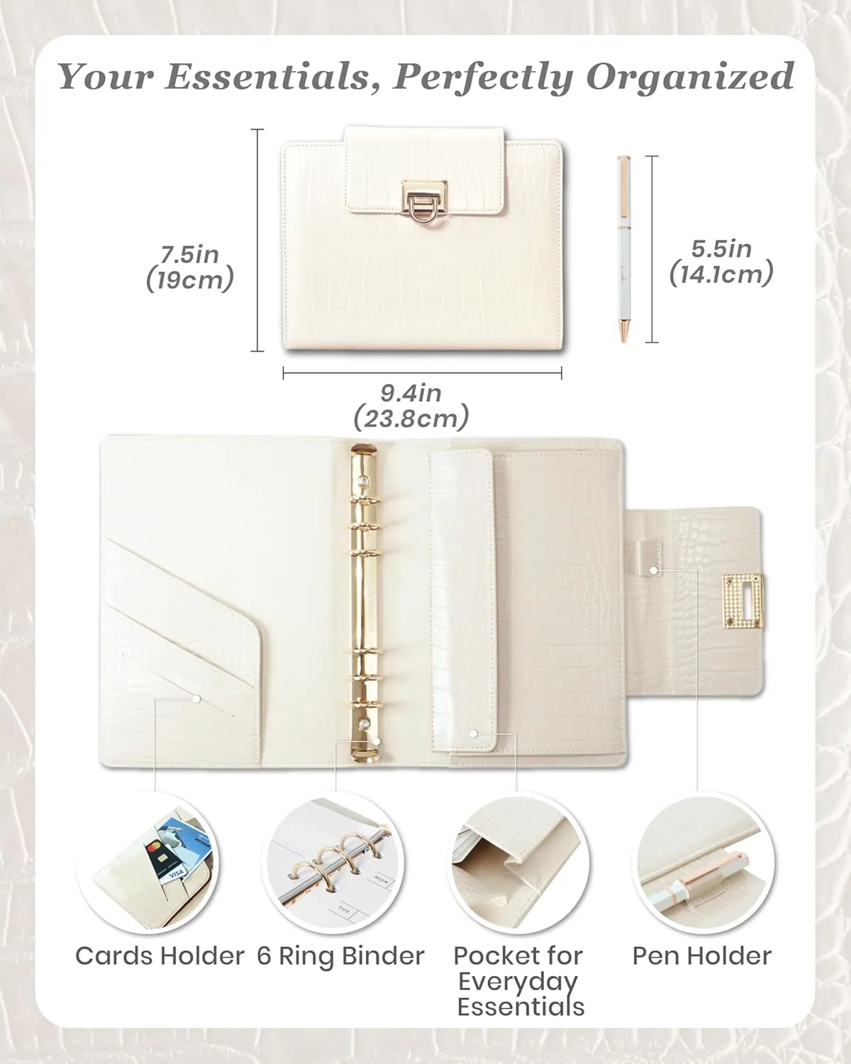Luxury 5.8" x 8.3" Crocodile-Textured Leather A5 Undated Planner Cover with 80 Sheets, Dividers, Metal Ballpoint Pen, Refillable 6-Ring Journal, Birthday and Mother's Day Gift