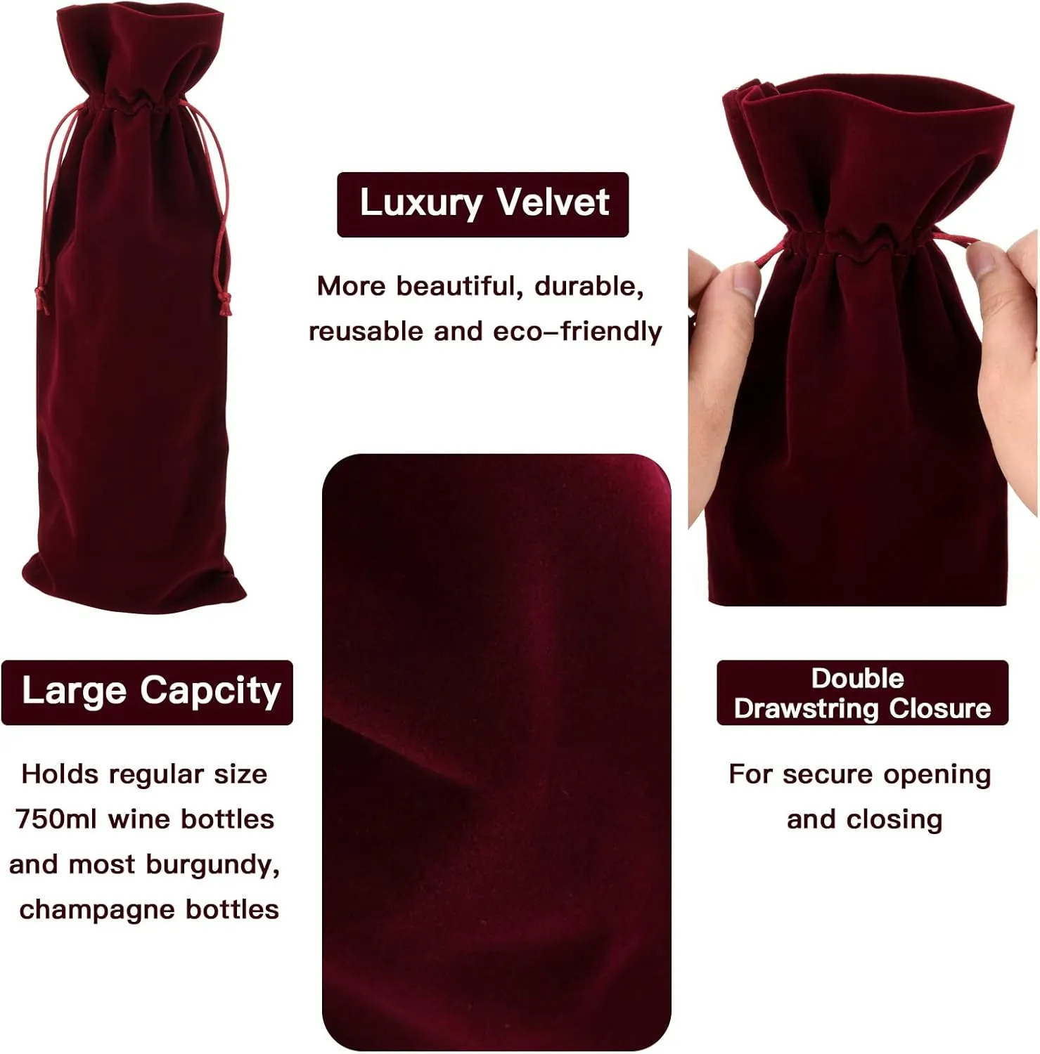 Luxury Velvet Wine Bags - 6 Pcs Reusable Wine Bottle Bags with Double Drawstring Closure, 14.5" x 5.9" for Christmas, Wedding, Birthday, Party, Holiday, Housewarming