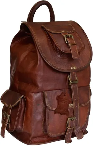 Madosh Mens Shoulder Backpack Travel Luggage Genuine Brown Leather Camping Hiking Bag Vintage Rucksack