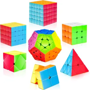 Magic Cube Set - 7 Pack with 3x3, 2x2, 4x4, Pyramid Megaminx, Stickerless Speed Cubes for Kids & Adults