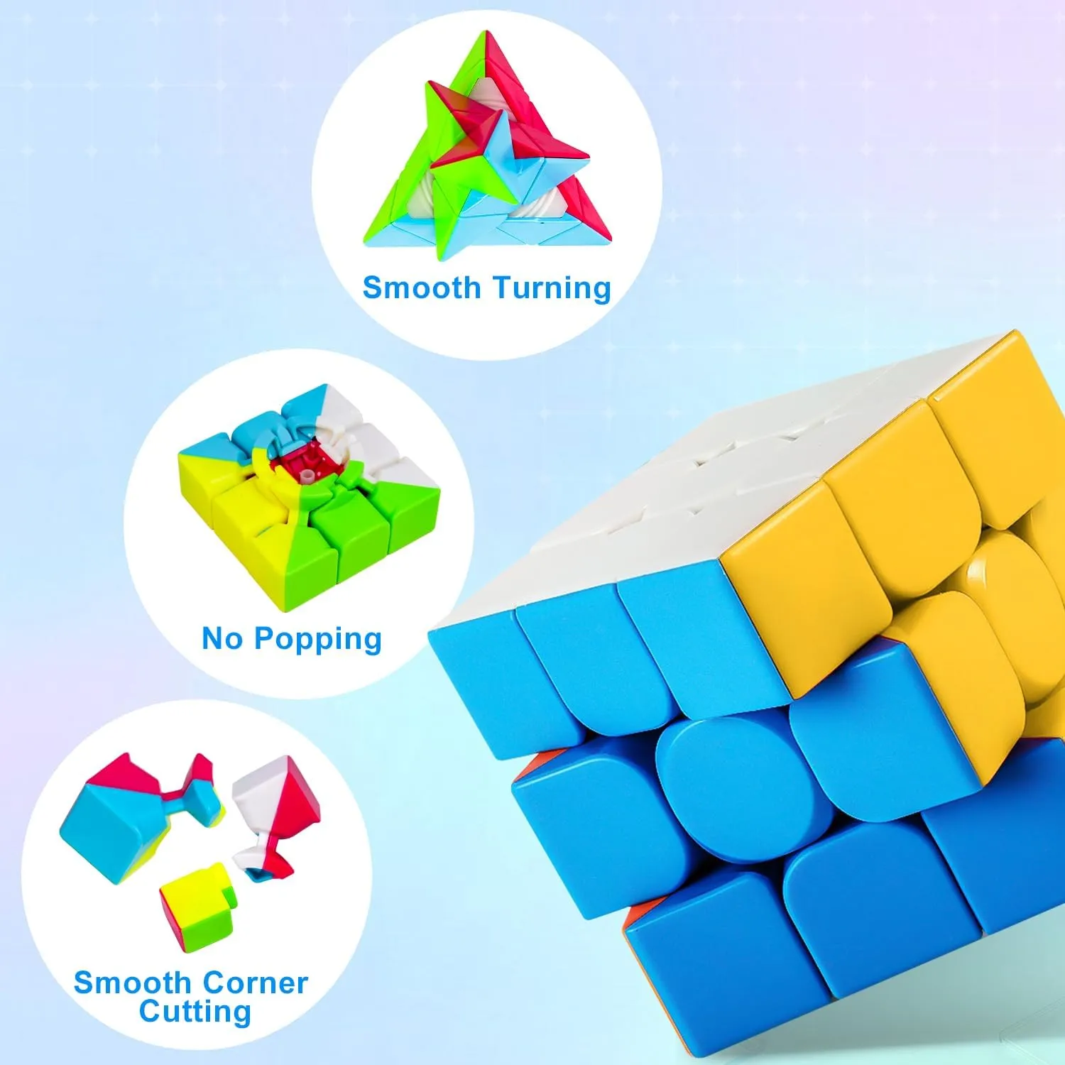 Magic Cube Set - 7 Pack with 3x3, 2x2, 4x4, Pyramid Megaminx, Stickerless Speed Cubes for Kids & Adults
