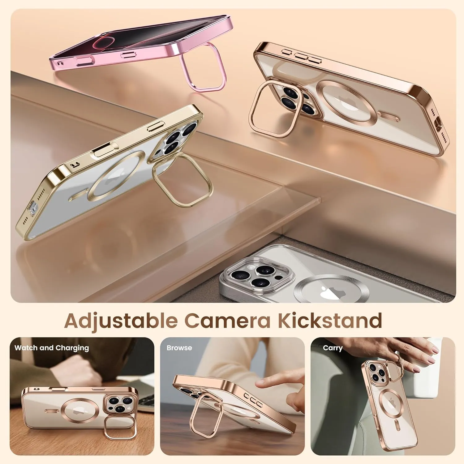 Magnetic for iPhone 16 Pro Case with Stand, [Compatible with MagSafe], [Camera Control Capture Button], [16FT Military-Grade Protection], Shockproof Slim Phone Case 6.3 Inch, Rose Gold