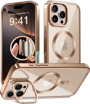 Magnetic for iPhone 16 Pro Case with Stand, [Compatible with MagSafe], [Camera Control Capture Button], [16FT Military-Grade Protection], Shockproof Slim Phone Case 6.3 Inch, Rose Gold