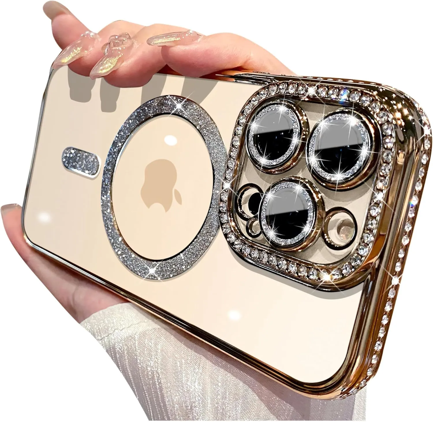 Magnetic Series Designed for iPhone Case,[Compatible with MagSafe][Military Drop&Camera Lens Protection],Luxury Glitter Diamond Plated Bumper Clear Shockproof Cover (Gold,iPhone 14 Pro Max)