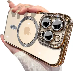 Magnetic Series Designed for iPhone Case,[Compatible with MagSafe][Military Drop&Camera Lens Protection],Luxury Glitter Diamond Plated Bumper Clear Shockproof Cover (Gold,iPhone 14 Pro Max)