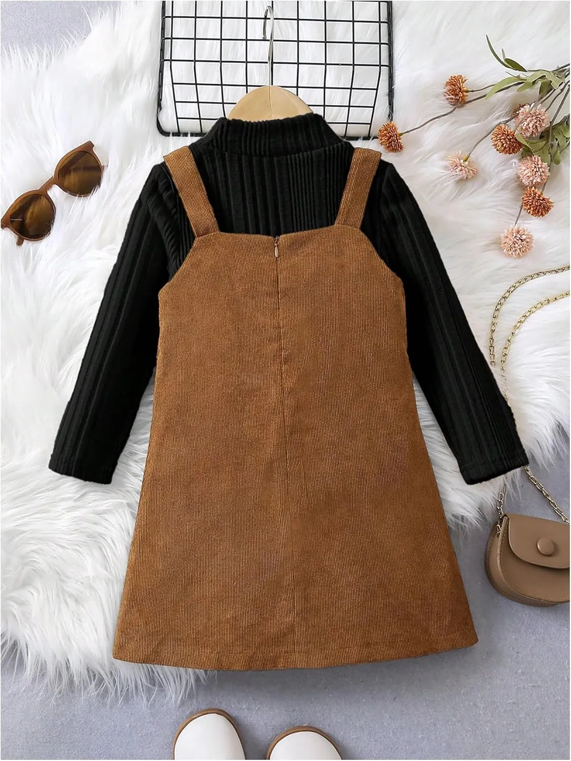 MakeMeChic Toddler Baby Girl Outfits Mock Neck Long Sleeve Top and Corduroy Button Overall Dress Sets