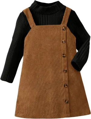 MakeMeChic Toddler Baby Girl Outfits Mock Neck Long Sleeve Top and Corduroy Button Overall Dress Sets