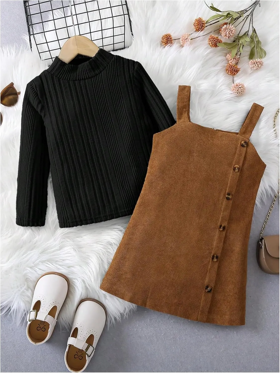 MakeMeChic Toddler Baby Girl Outfits Mock Neck Long Sleeve Top and Corduroy Button Overall Dress Sets