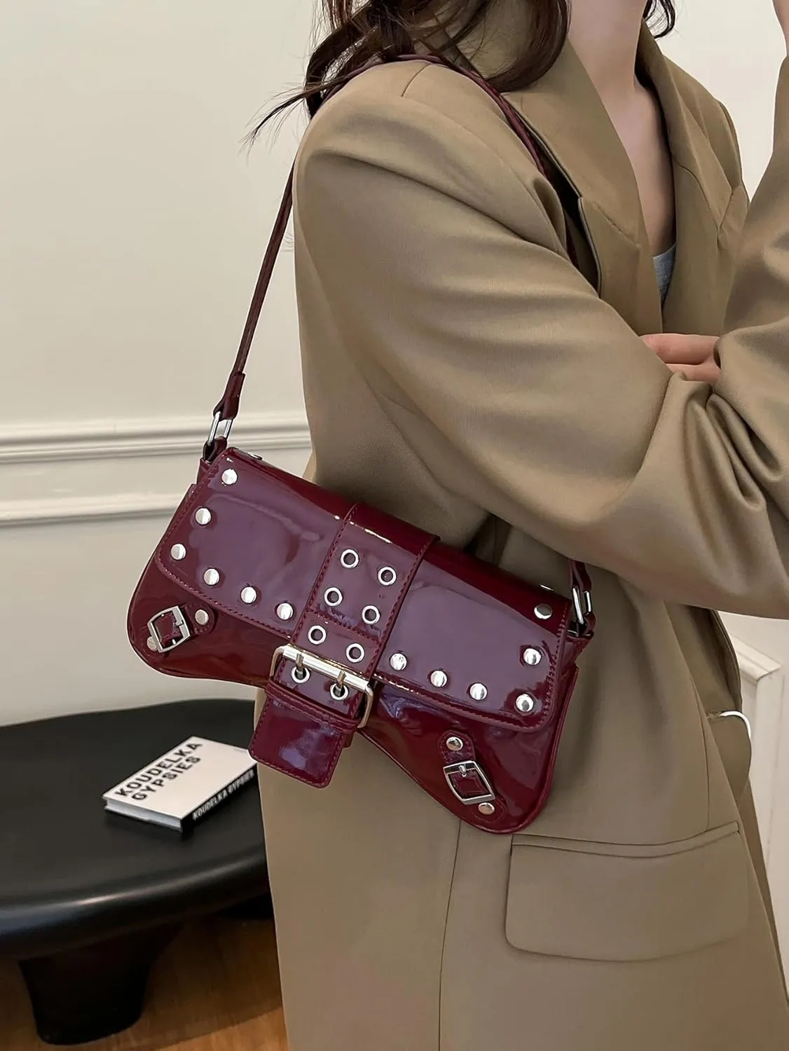 MakeMeChic Women's Faux Leather Buckle Shoulder Bag Top Handle Studded Y2k Handbags Underarm Bags