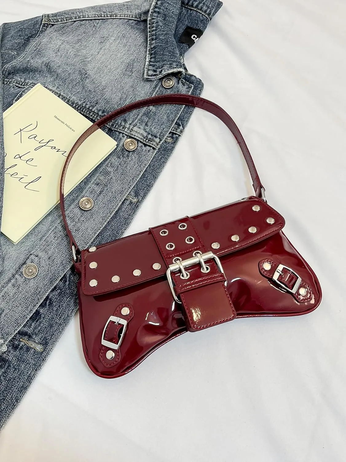 MakeMeChic Women's Faux Leather Buckle Shoulder Bag Top Handle Studded Y2k Handbags Underarm Bags