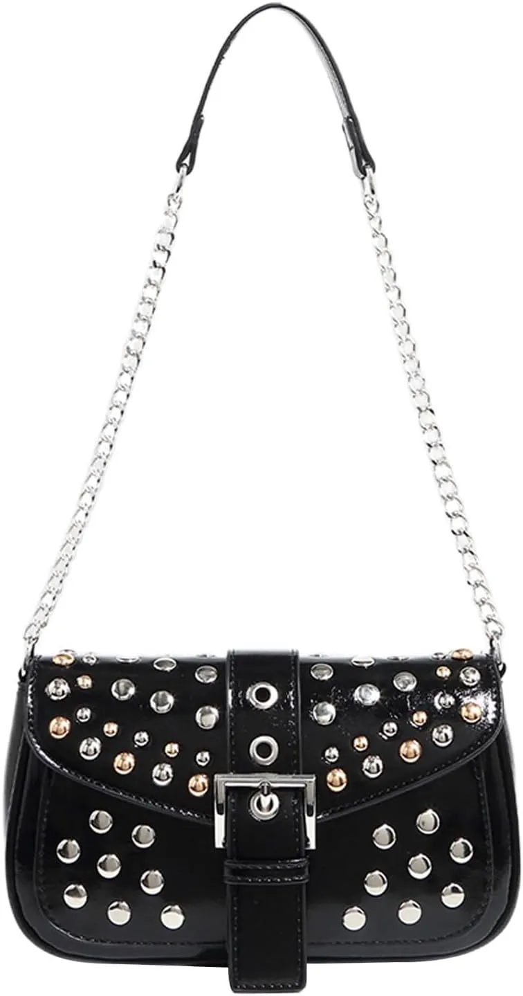 MakeMeChic Women's PU Leather Shoulder Handbag Flap Studded Y2k Hobo Underarm Bags