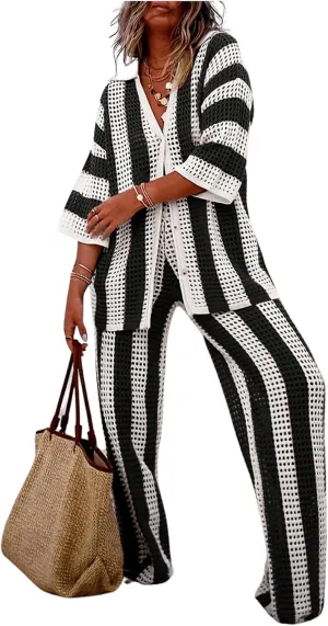 MakeMeChic Women's Two Piece Outfits Striped Print Short Sleeve Button Down Cardigan Sweaters and Pants Pajamas Set