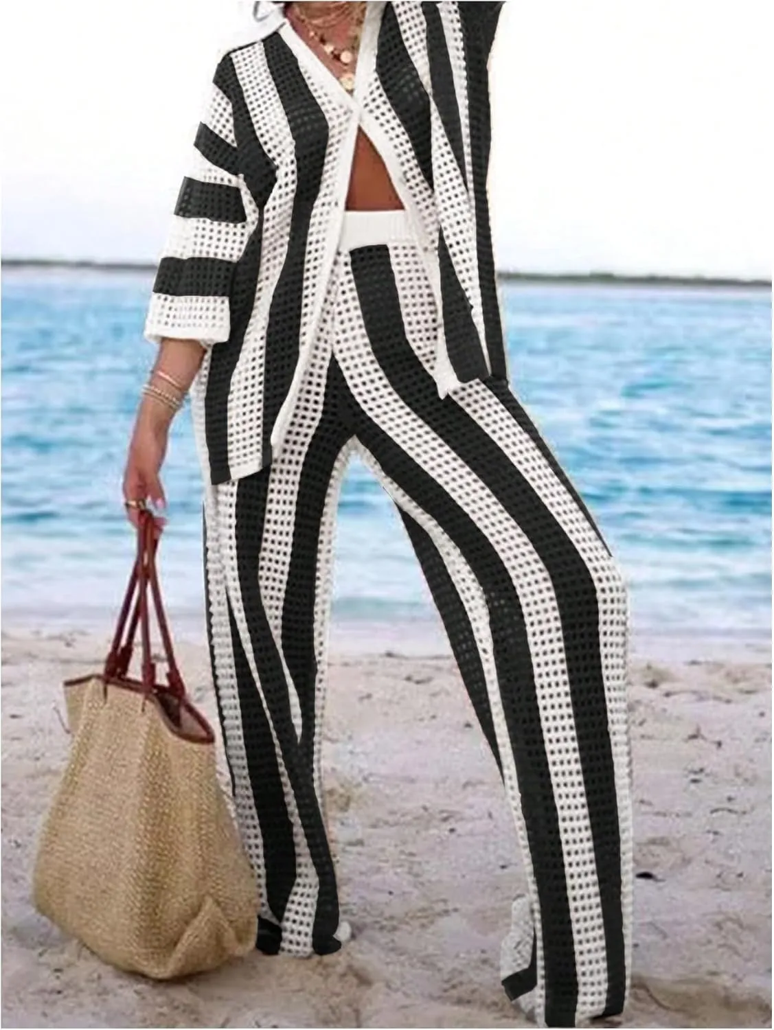 MakeMeChic Women's Two Piece Outfits Striped Print Short Sleeve Button Down Cardigan Sweaters and Pants Pajamas Set