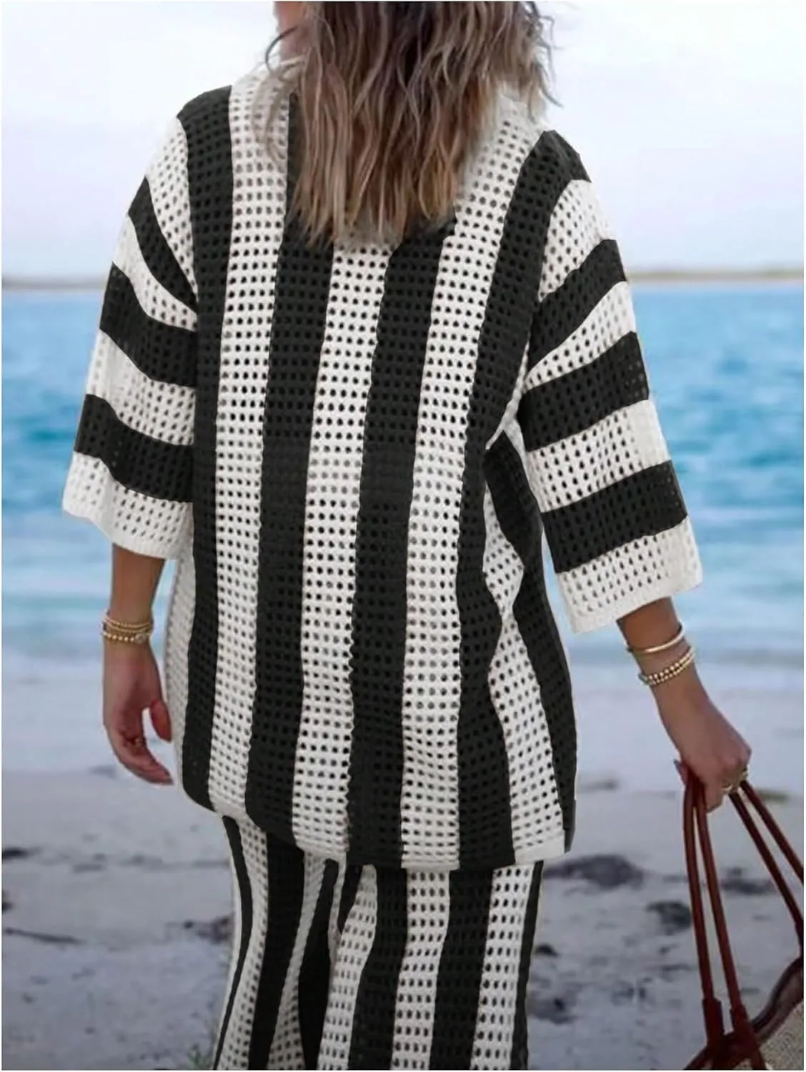MakeMeChic Women's Two Piece Outfits Striped Print Short Sleeve Button Down Cardigan Sweaters and Pants Pajamas Set