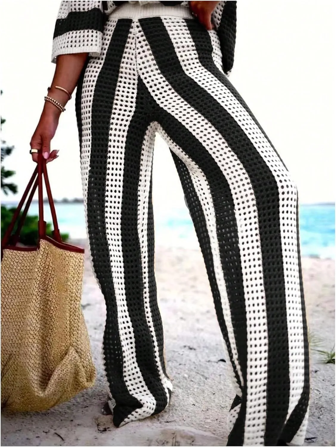MakeMeChic Women's Two Piece Outfits Striped Print Short Sleeve Button Down Cardigan Sweaters and Pants Pajamas Set
