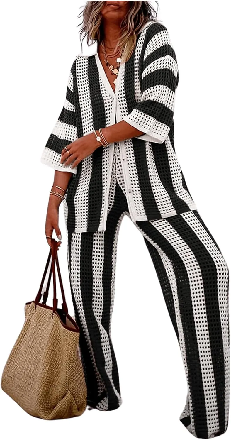 MakeMeChic Women's Two Piece Outfits Striped Print Short Sleeve Button Down Cardigan Sweaters and Pants Pajamas Set