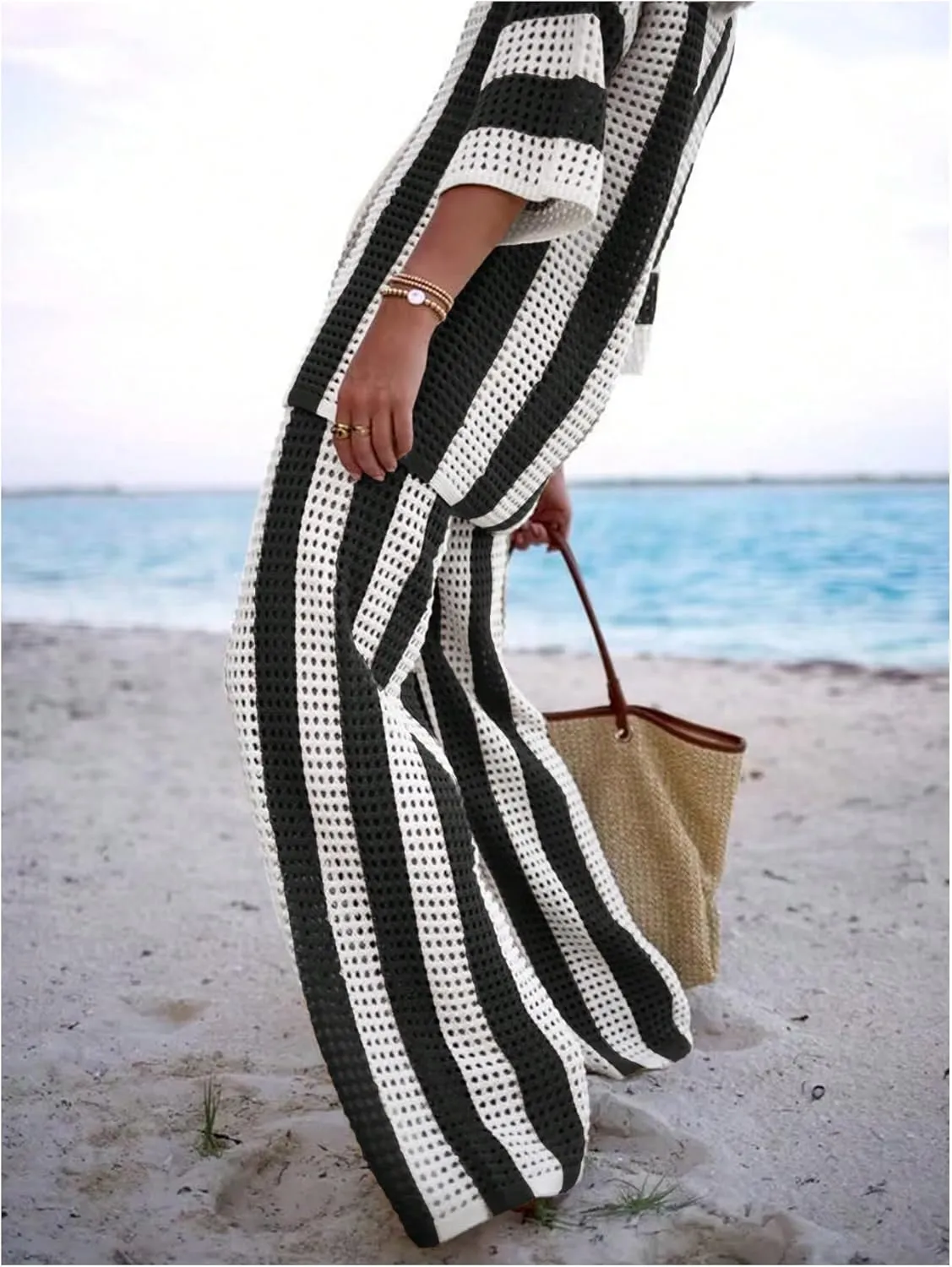 MakeMeChic Women's Two Piece Outfits Striped Print Short Sleeve Button Down Cardigan Sweaters and Pants Pajamas Set
