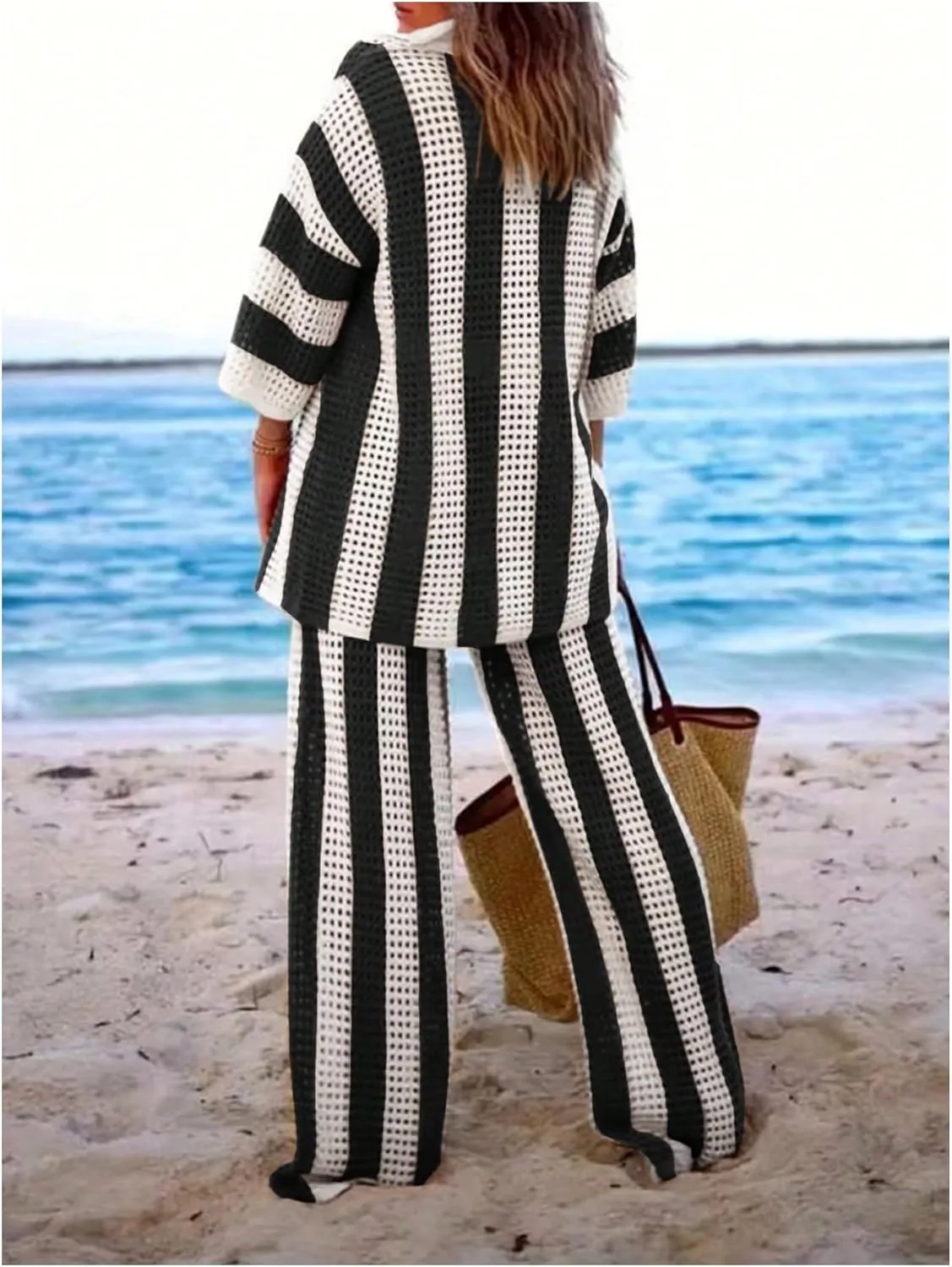 MakeMeChic Women's Two Piece Outfits Striped Print Short Sleeve Button Down Cardigan Sweaters and Pants Pajamas Set