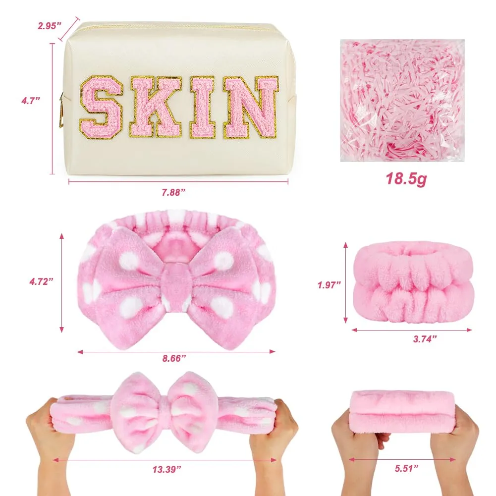 Makeup Bag Gift Set for Women, Gifts for Moms, Includes Preppy Patch Cosmetic Bag SKIN Makeup Bag Small Toiletry Bag, Spa Headband, 2pcs Wrist Towels