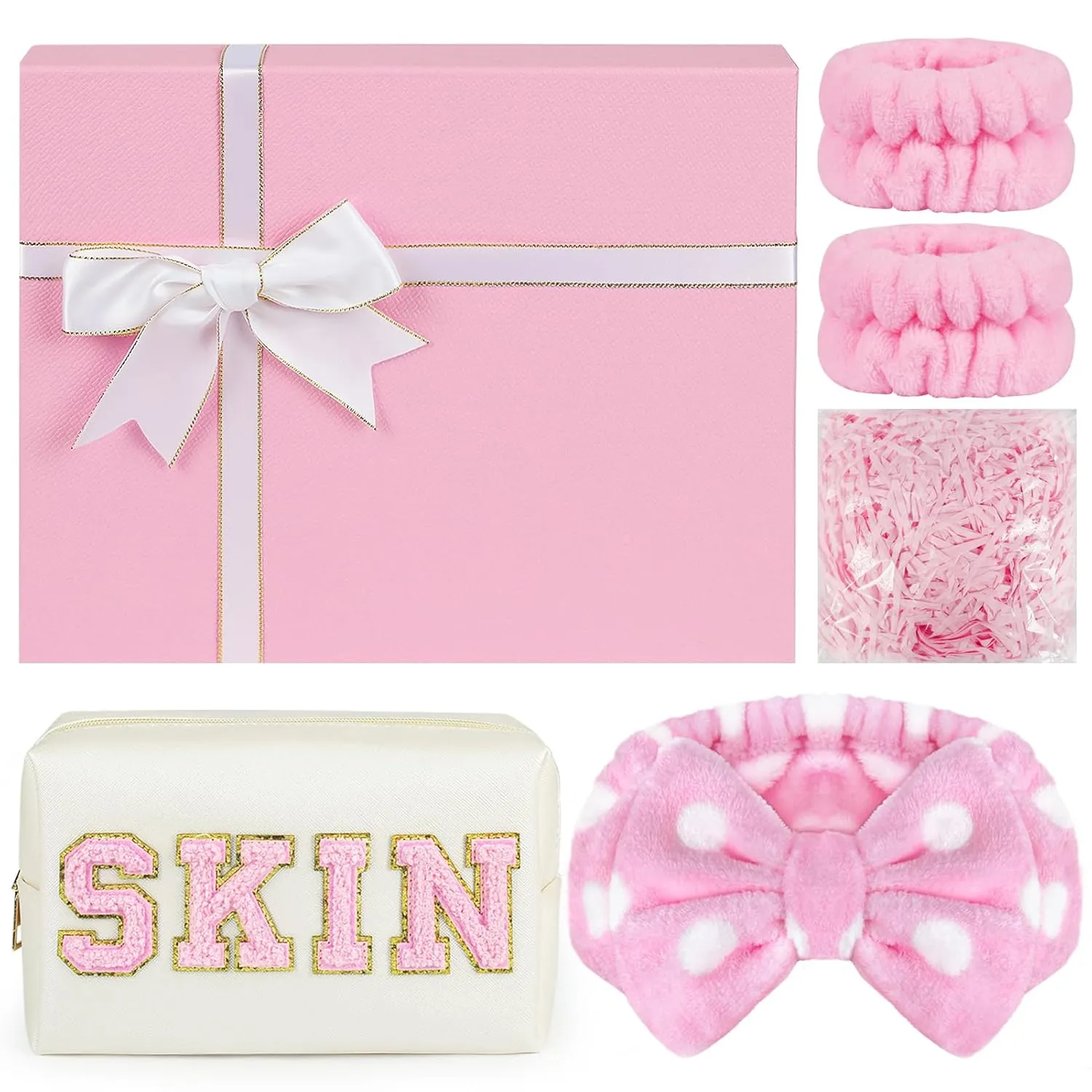 Makeup Bag Gift Set for Women, Gifts for Moms, Includes Preppy Patch Cosmetic Bag SKIN Makeup Bag Small Toiletry Bag, Spa Headband, 2pcs Wrist Towels