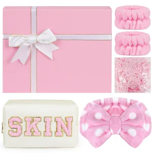 Makeup Bag Gift Set for Women, Gifts for Moms, Includes Preppy Patch Cosmetic Bag SKIN Makeup Bag Small Toiletry Bag, Spa Headband, 2pcs Wrist Towels