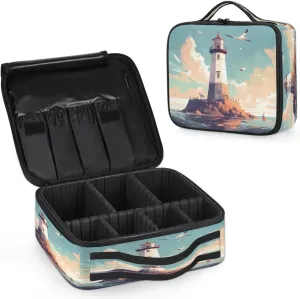 Makeup Bag Large Makeup Train Case Ocean Lighthouse Makeup Organizer Bag Portable Cosmetic Bags with Dividers Waterproof Travel Makeup Bag Toiletry Bag Makeup Case for Women