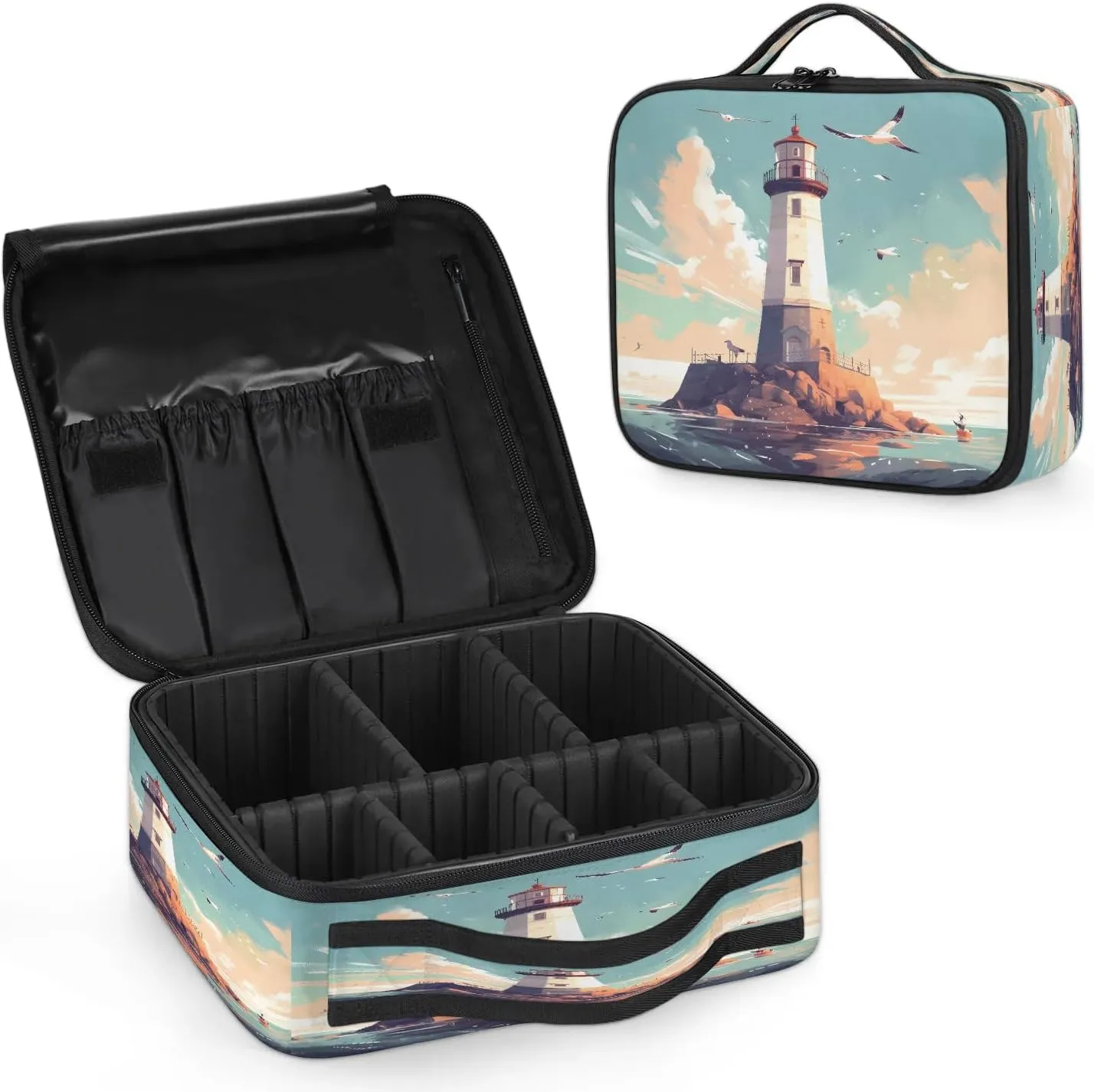 Makeup Bag Large Makeup Train Case Ocean Lighthouse Makeup Organizer Bag Portable Cosmetic Bags with Dividers Waterproof Travel Makeup Bag Toiletry Bag Makeup Case for Women