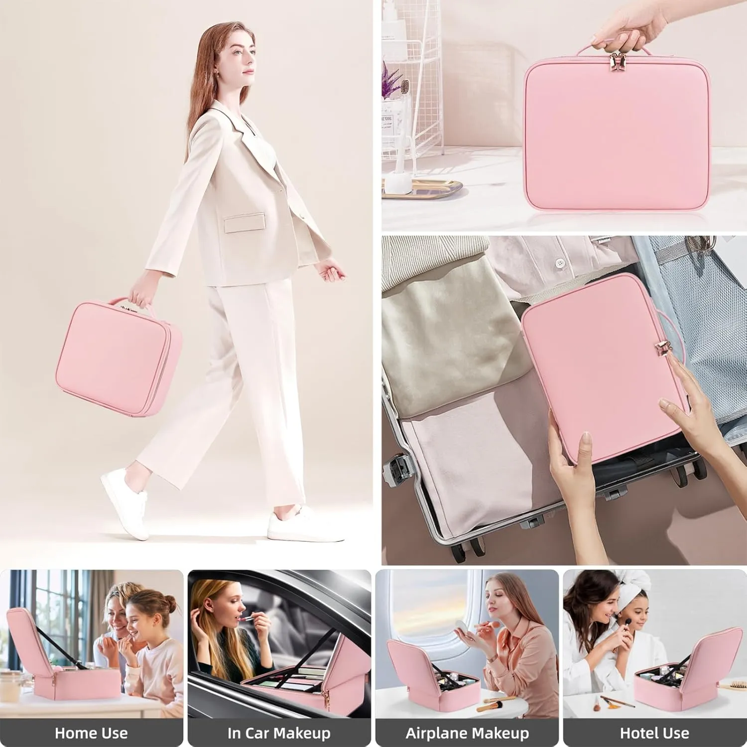 Makeup Bag with Mirror of LED Lighted, Travel Makeup Train Case Cosmetic Bag Organizer with Mirror and Lights, Make up Bag with Light up Mirror Adjustable Divider Brush Board