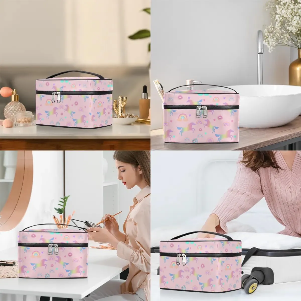 Makeup Travel Bag Organizer Toiletry Bag for Women Portable Cosmetic Storage Case with Handle, Large Capacity Lightweight Toiletries Brush Zipper Bag - Rainbow Horse
