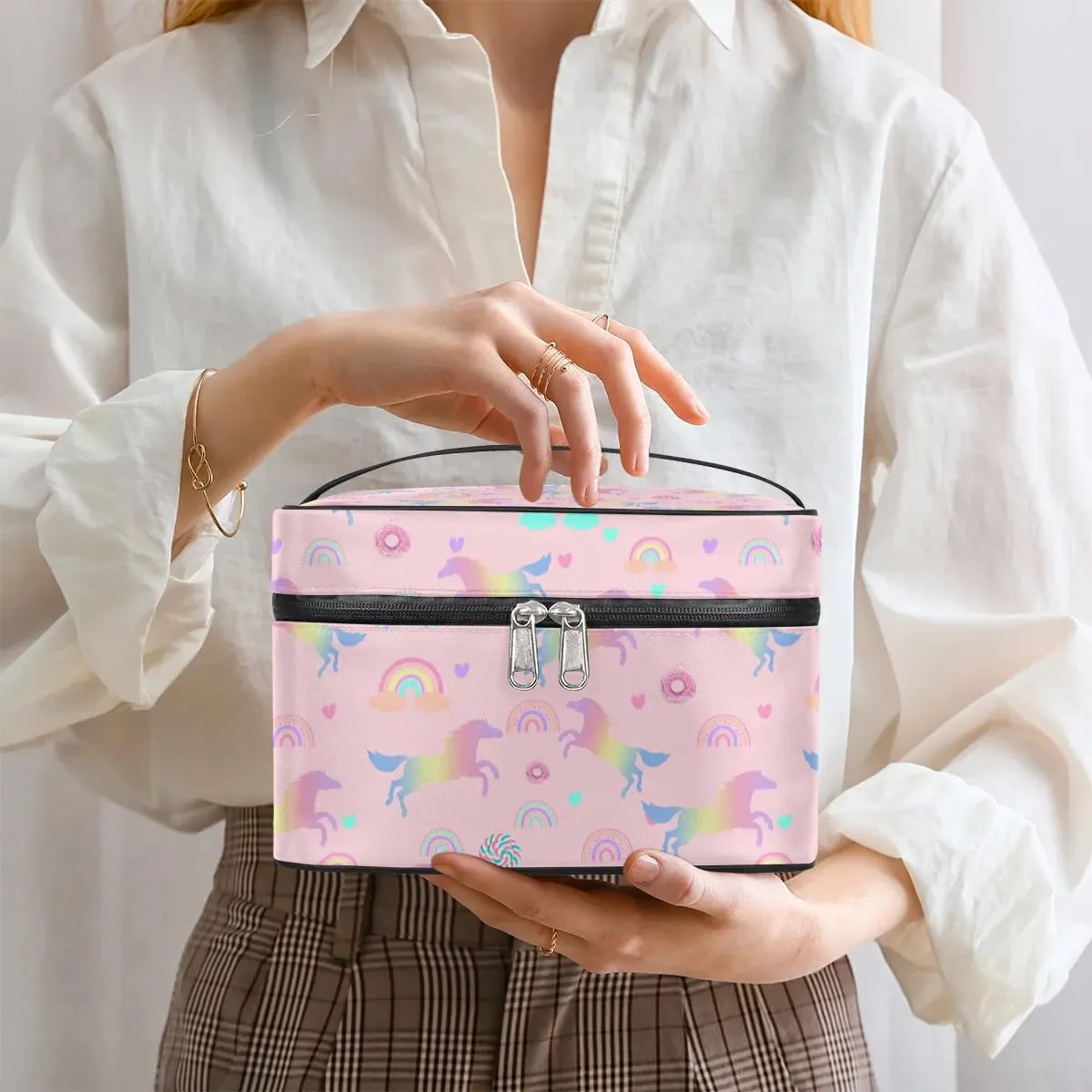 Makeup Travel Bag Organizer Toiletry Bag for Women Portable Cosmetic Storage Case with Handle, Large Capacity Lightweight Toiletries Brush Zipper Bag - Rainbow Horse