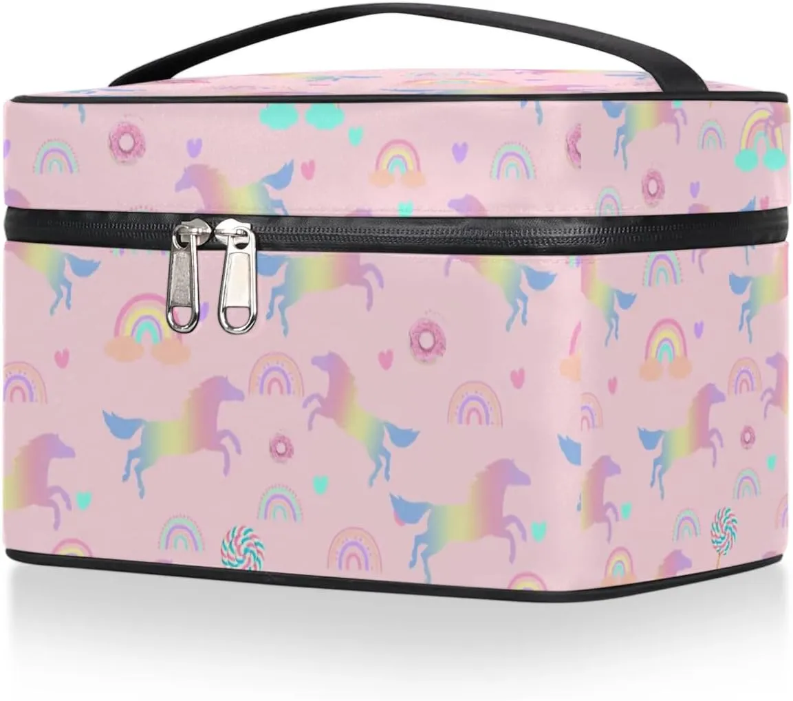 Makeup Travel Bag Organizer Toiletry Bag for Women Portable Cosmetic Storage Case with Handle, Large Capacity Lightweight Toiletries Brush Zipper Bag - Rainbow Horse