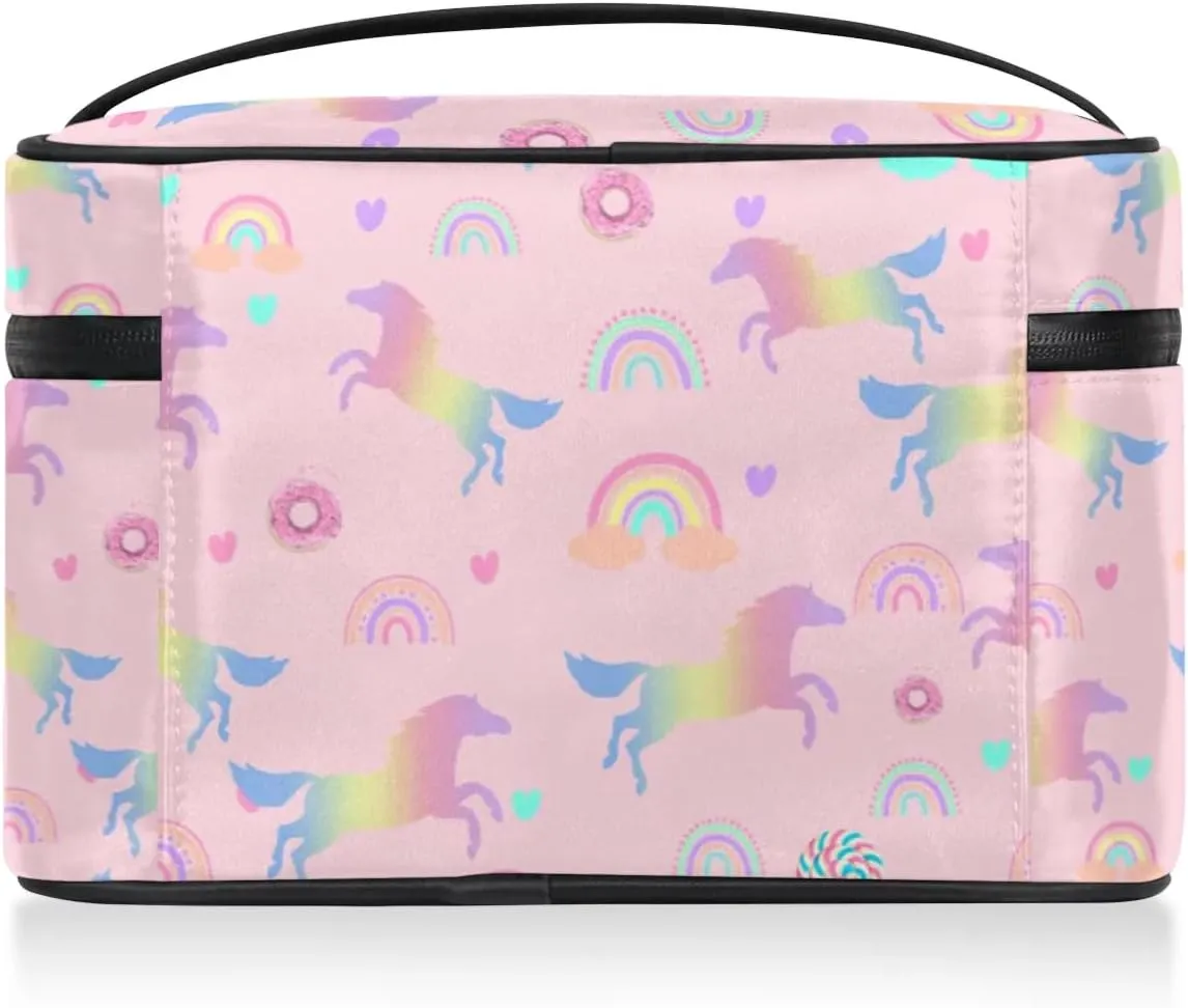 Makeup Travel Bag Organizer Toiletry Bag for Women Portable Cosmetic Storage Case with Handle, Large Capacity Lightweight Toiletries Brush Zipper Bag - Rainbow Horse