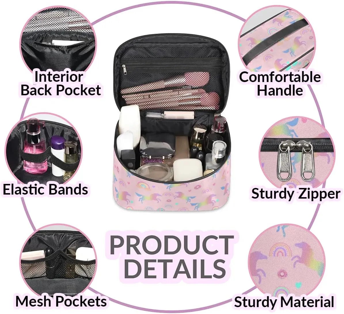 Makeup Travel Bag Organizer Toiletry Bag for Women Portable Cosmetic Storage Case with Handle, Large Capacity Lightweight Toiletries Brush Zipper Bag - Rainbow Horse