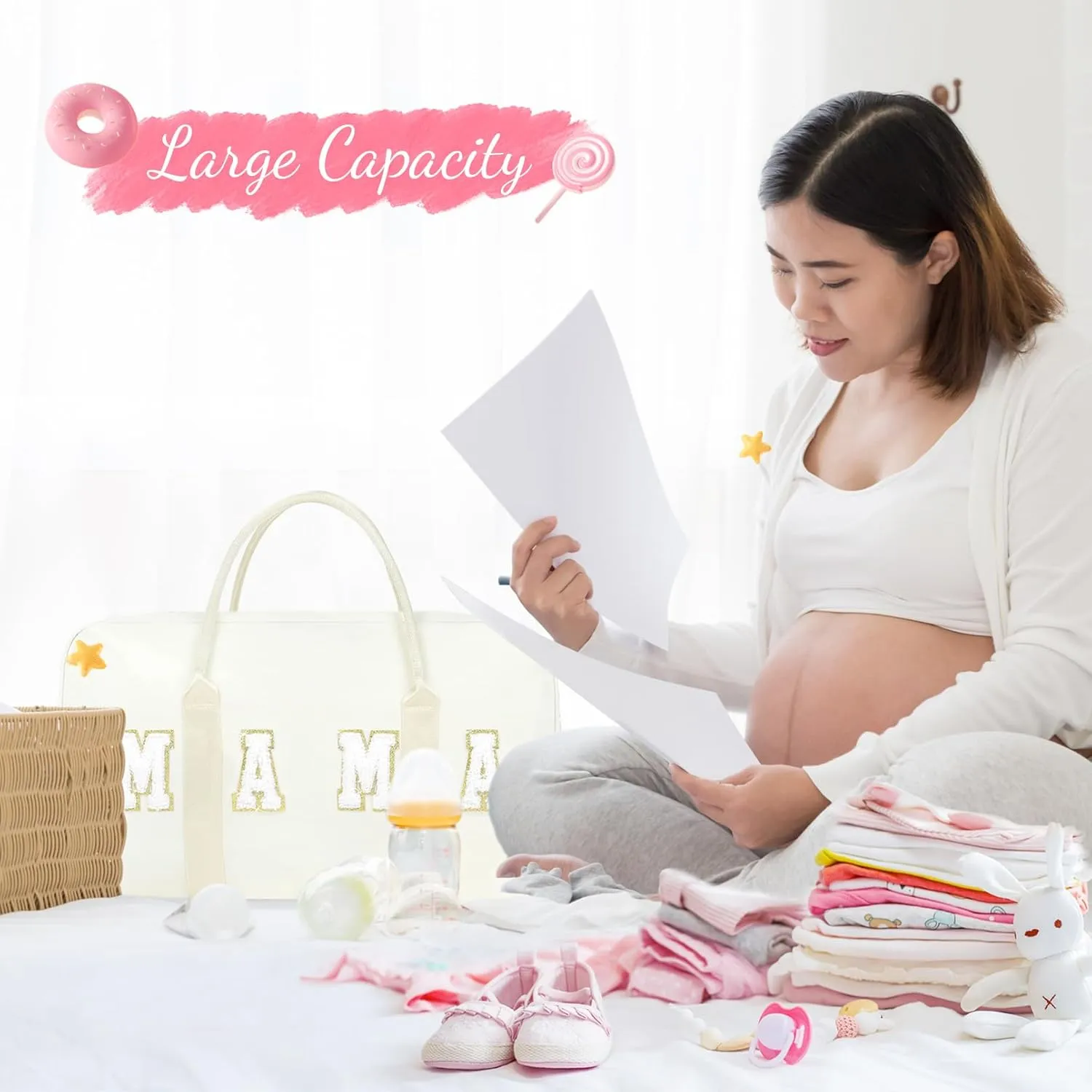 Mama Hospital Bag for Women Labor and Delivery Nylon Chenille Letter Embroidered Duffle Overnight Weekender Bag with Shoes Compartment and Mothers Day Gifts White