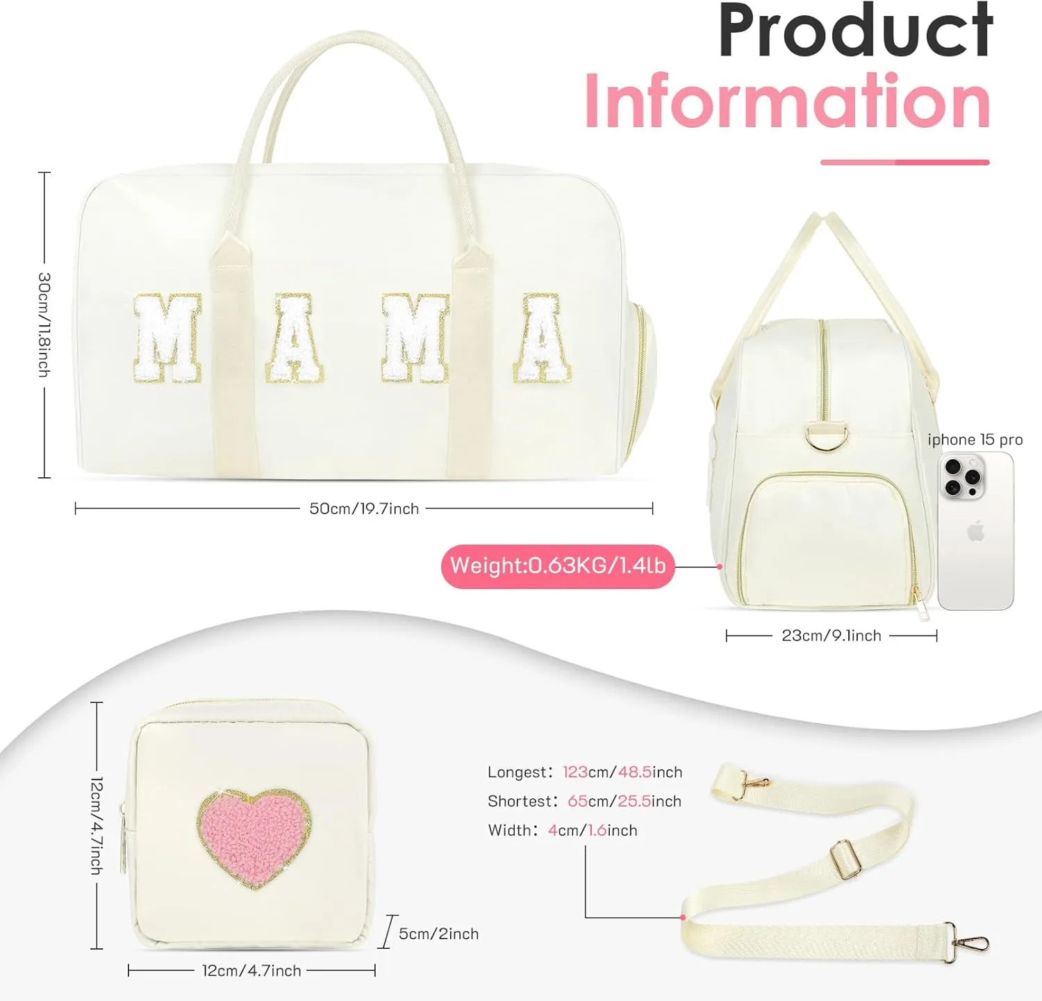Mama Hospital Bag for Women Labor and Delivery Nylon Chenille Letter Embroidered Duffle Overnight Weekender Bag with Shoes Compartment and Mothers Day Gifts White